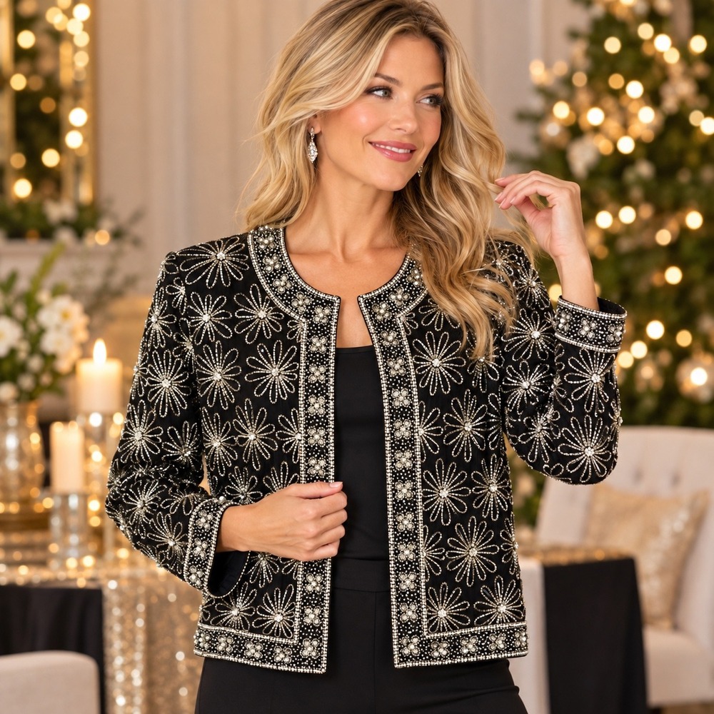 Papell Boutique Evening Silk Beaded Floral Jacket Black Silver Women Size M